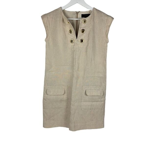 J Crew Beige Gold Metallic Linen Shift Dress Size 0 Grommet V-neck Cap Sleeve - Picture 3 of 12